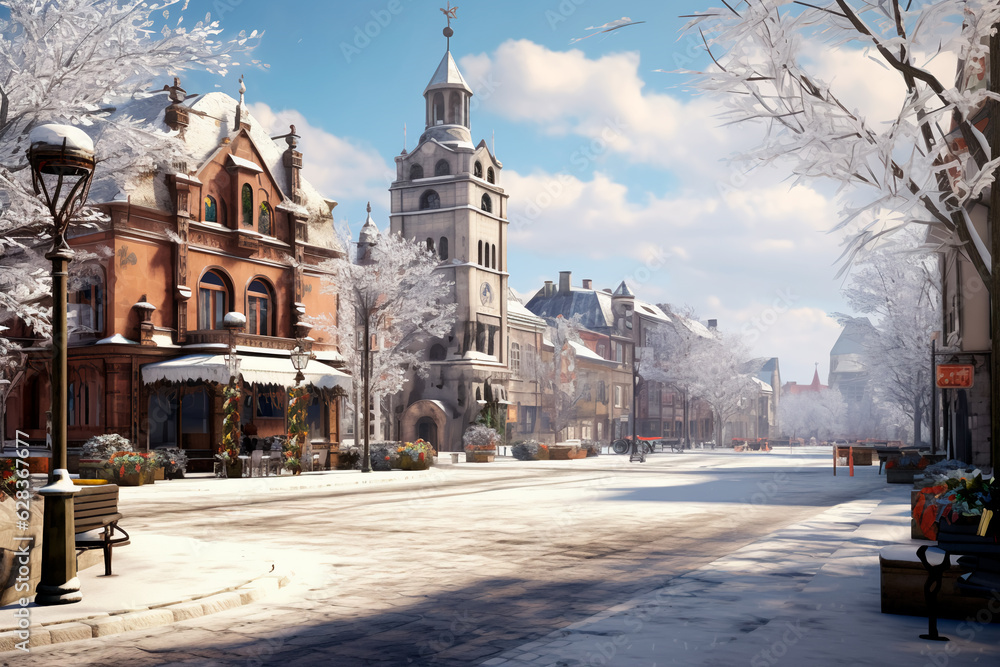 Fototapeta premium European city in winter. AI generated