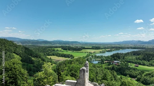 Aerial Drone Fly Above Old Žovnek Castle Braslovče Green Hills Valley Slovenia Landscape Travel and Tourism Destination photo