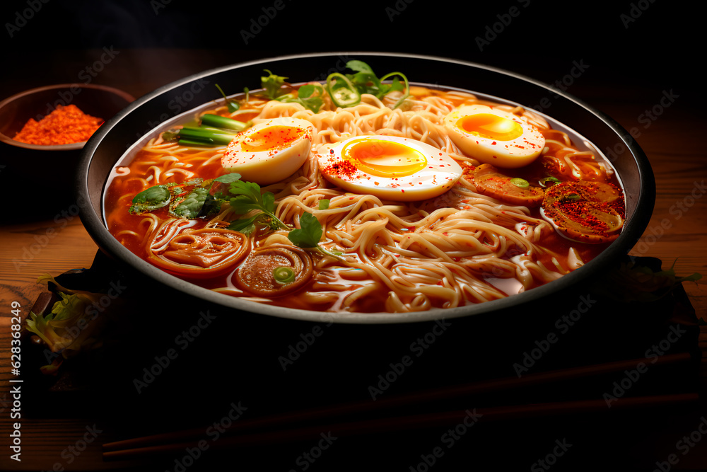 Ramen in a bowl on a wooden table. Delicious dinner. AI Generated Ramen in a bowl on a wooden table. Delicious dinner. AI Generated