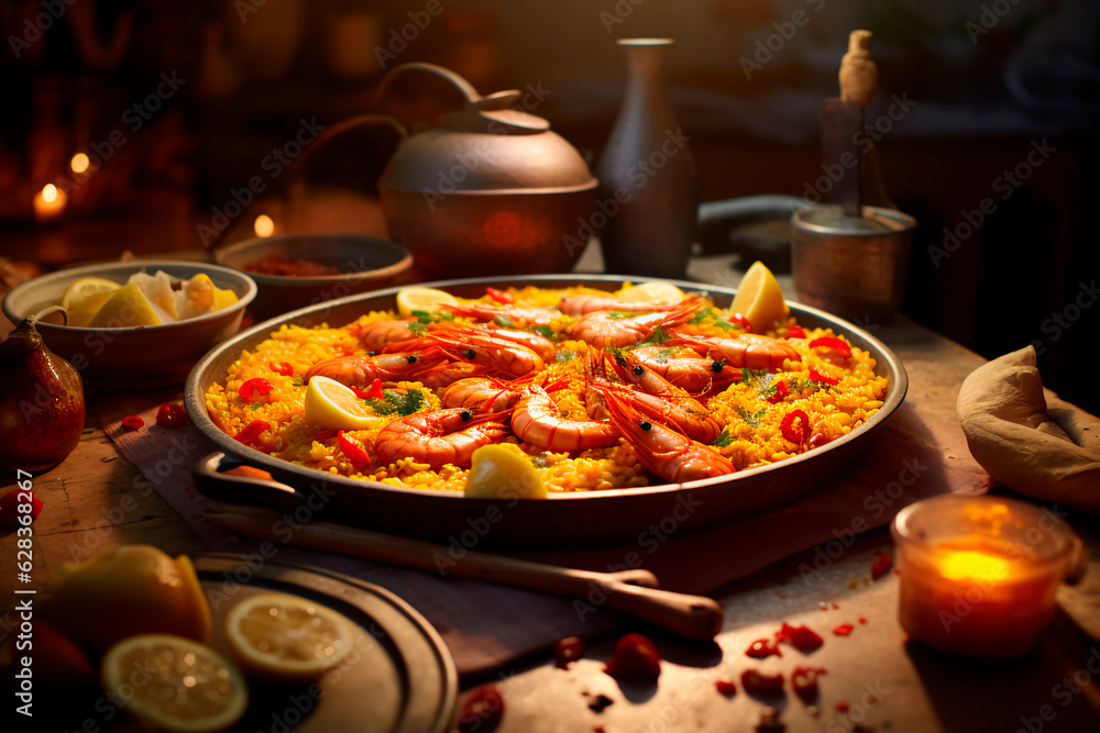 Paella dish. Rice dish with seafood. Rice dish with shrimp. Delicious dinner. AI Generated