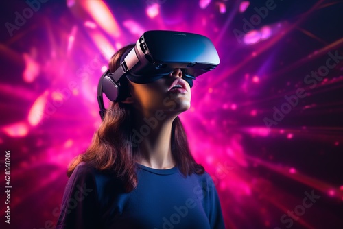Girl with VR goggles in front of modern city. Modern futuristic background. Created using generative AI  © marchello74