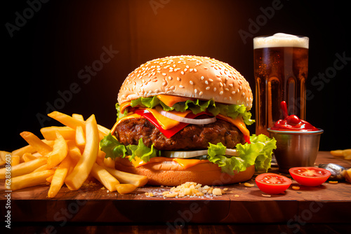 Juicy burger and fries on a wooden table. Fast food. AI generated