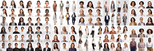 Collection of smiling women of different nationalities on white background.