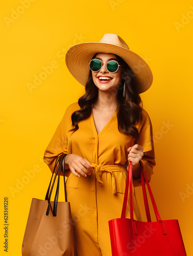 Cheerful happy woman enjoying shopping carrying shopping bags on colorful background