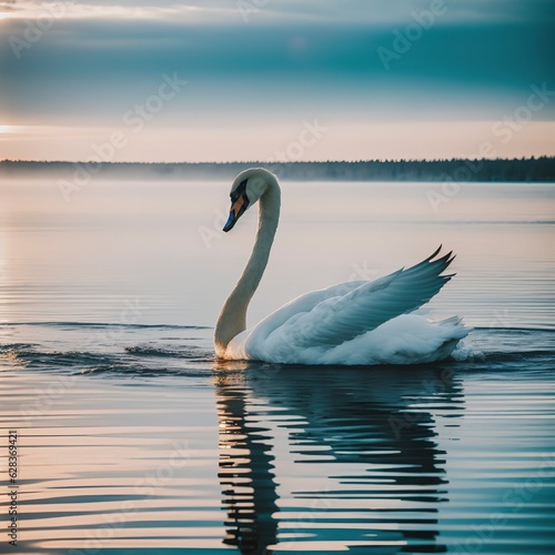 Swan swims in the mist on a winter lake in the sun at sunset