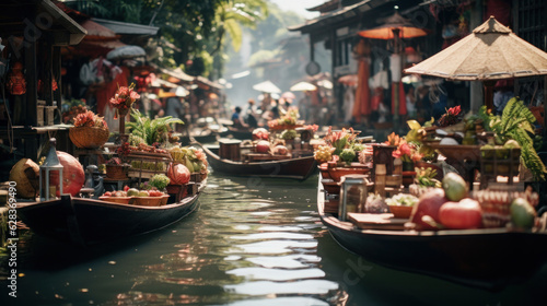 Aerial view famous asian floating market, Farmer go to sell organic products, fruits, vegetables and Thai cuisine, Tourists visiting by boat © PaulShlykov