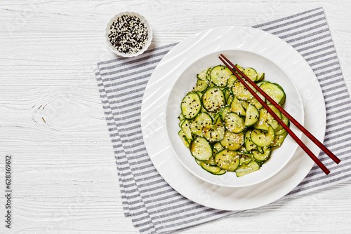 Sunomono, Japanese Cucumber Salad in a white bowl