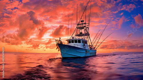 Fishing boat and fisherman in ocean at dawn