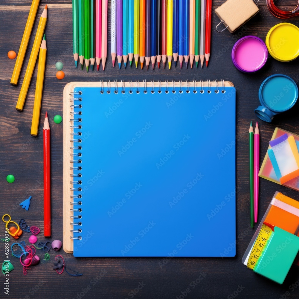 Obraz premium Pencil color top view on top of wooden table mockup with stationary stuff