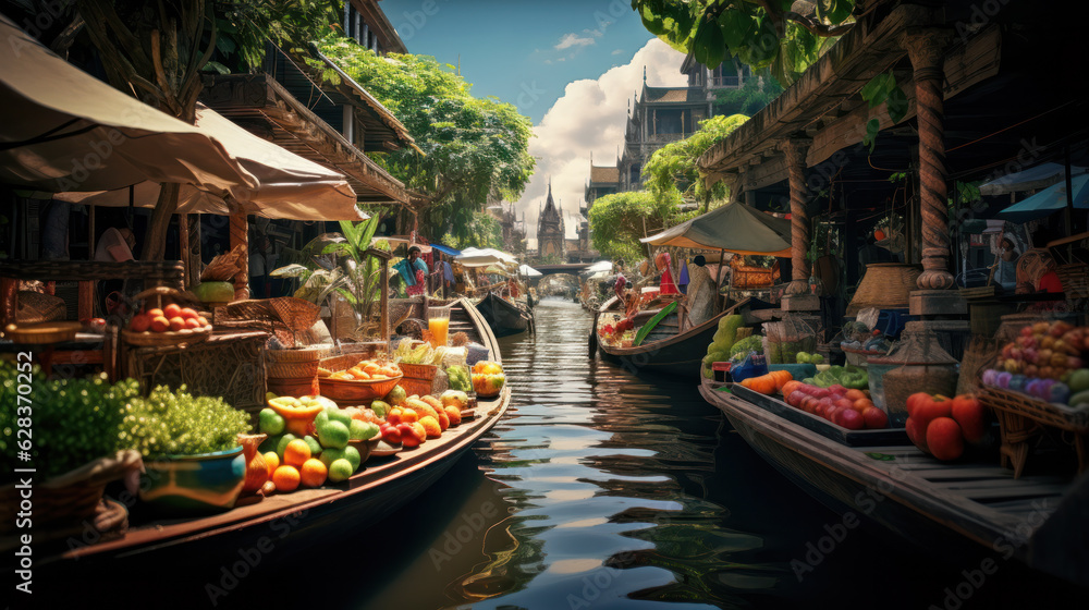 Fototapeta premium Aerial view famous asian floating market, Farmer go to sell organic products, fruits, vegetables and Thai cuisine, Tourists visiting by boat.