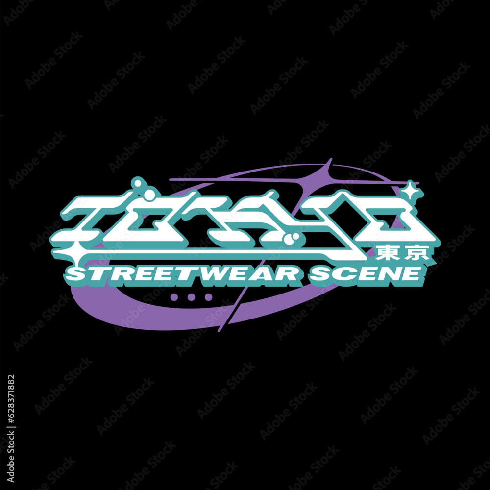 Obraz premium Tokyo japan y2k streetwear t-shirt slogan typography style logo vector icon design illustration. Kanji translation Tokyo. Poster, banner, clothing, slogan shirt, sticker, badge, emblem