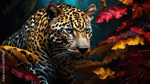  a painting of a leopard with blue eyes surrounded by leaves.  generative ai