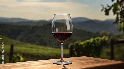  a glass of red wine on a table overlooking a vineyard. generative ai