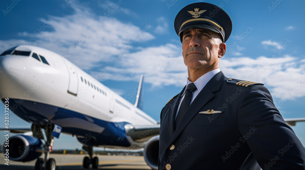 Cheerful man airline worker smiling while standing in airfield with airplane on background Cheerful man airline worker smiling while standing in airfield with airplane on background