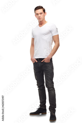 Portrait, male teen and casual fashion with pose and confidence of teenager. Hipster, trendy and isolated on a transparent, png background with stylish and gen z clothing and hand in pocket of model