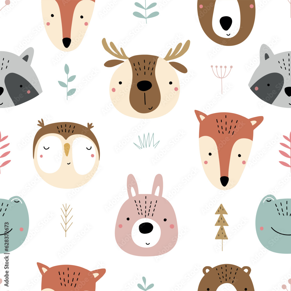 Seamless childish pattern with funny animals faces . Creative scandinavian kids texture for fabric, wrapping, textile, wallpaper, apparel. Vector illustration Seamless childish pattern with funny animals faces . Creative scandinavian kids texture for fabric, wrapping, textile, wallpaper, apparel. Vector illustration