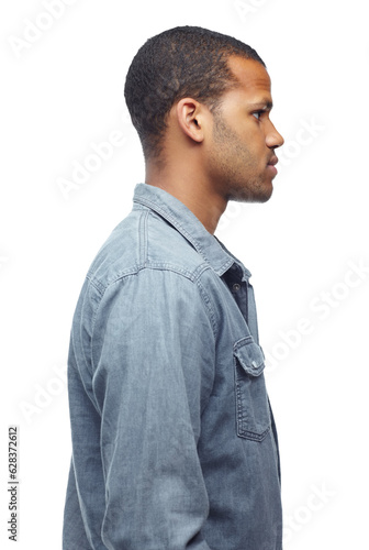Fashion, modern and profile of man with serious, thinking and casual pose. Model, African person with modern, stylish and trendy clothes with confidence isolated on transparent, png background