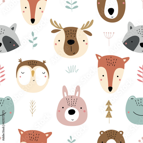 Seamless childish pattern with funny animals faces . Creative scandinavian kids texture for fabric, wrapping, textile, wallpaper, apparel. Vector illustration