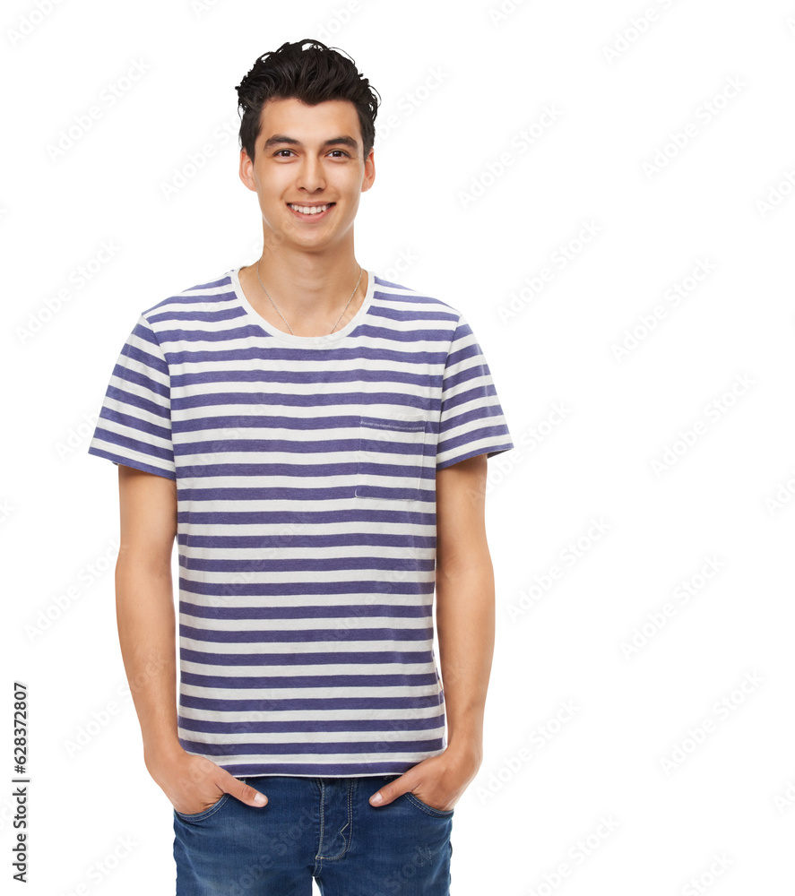 © Suresh Heyt/peopleimages.com - Young teenager, confidence or happy portrait with smile, fashion and cool gen z aesthetic. Guy, model or teen with trendy clothes, Spain or youth culture isolated on transparent, png background