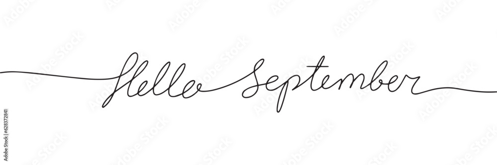 Hello September word handwriting calligraphy text. One line continuous phrase. Vector illustration. Hello September word handwriting calligraphy text. One line continuous phrase. Vector illustration.