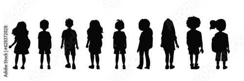 Vector silhouette of back view children going to school on white background.