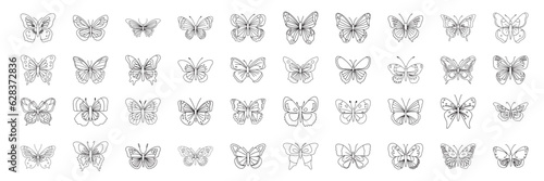 Large collection of butterflies in doodle style. Set of abstract butterfly. Simple hand drawn elements for coloring book. Vector illustration.