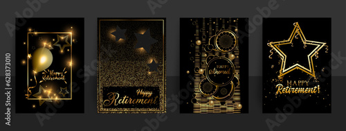 Aa abstract set of vector illustrations celebrating Retirement with a set of four greeting cards in black and gold color scheme