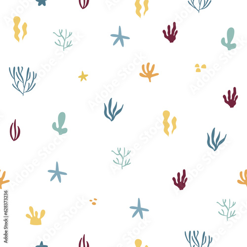 Seamless seabed pattern with algae, corals, shells and starfish. Childish vector hand drawn illustration for your design.