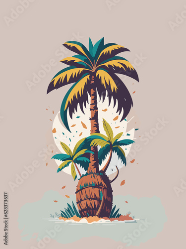 a palm tree with birds flying around it illustration