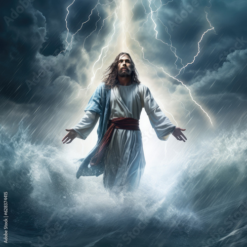 Lord Jesus Christ divine and walking on water with thunder and lightning photo