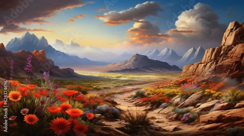  a painting of a desert with flowers and mountains in the background.  generative ai