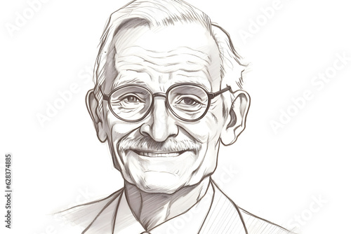 A wise and respected Caucasian businessman, with a gentle smile and eyes that convey wisdom. Hand drawn pencil illustration. Generative AI