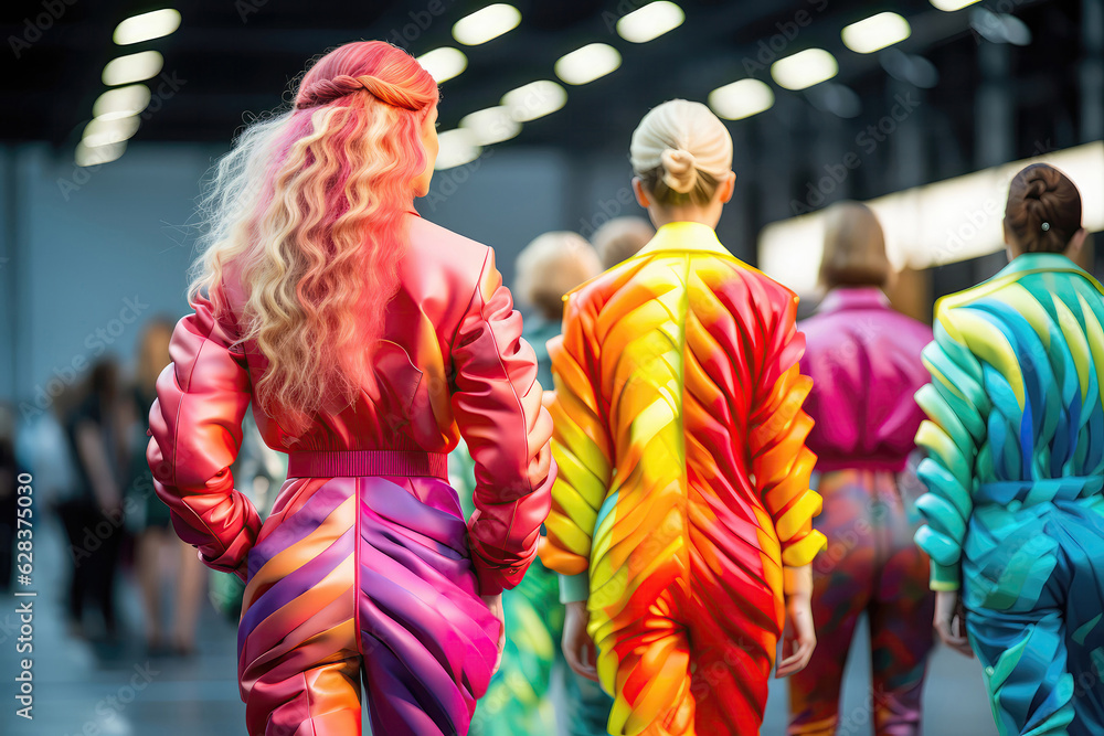 Fototapeta premium Group Of Women Walking Down Runway. Fashion Show