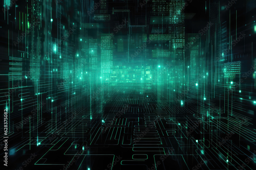 Dark Room With Lot Of Green Lights. Matrix Coded Background Representing Blockchain Concept Dark Room With Lot Of Green Lights. Matrix Coded Background Representing Blockchain Concept
