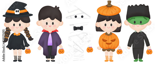 set of kid with halloween costume, vampire, mummy, pumpkin girl, witch, Frankenstein