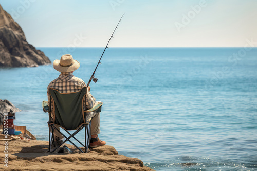 Fisherman Sitting On Folding Chair With Fishing Rod Back View On The Sea Background. Fishing, Sea Background, Folding Chair, Fisherman, Rod, View, Relaxation, Outdoors