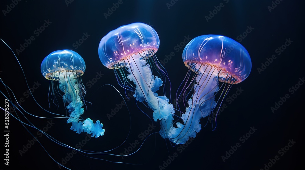 Fototapeta premium a group of jellyfish swimming in the ocean together on a black background. generative ai