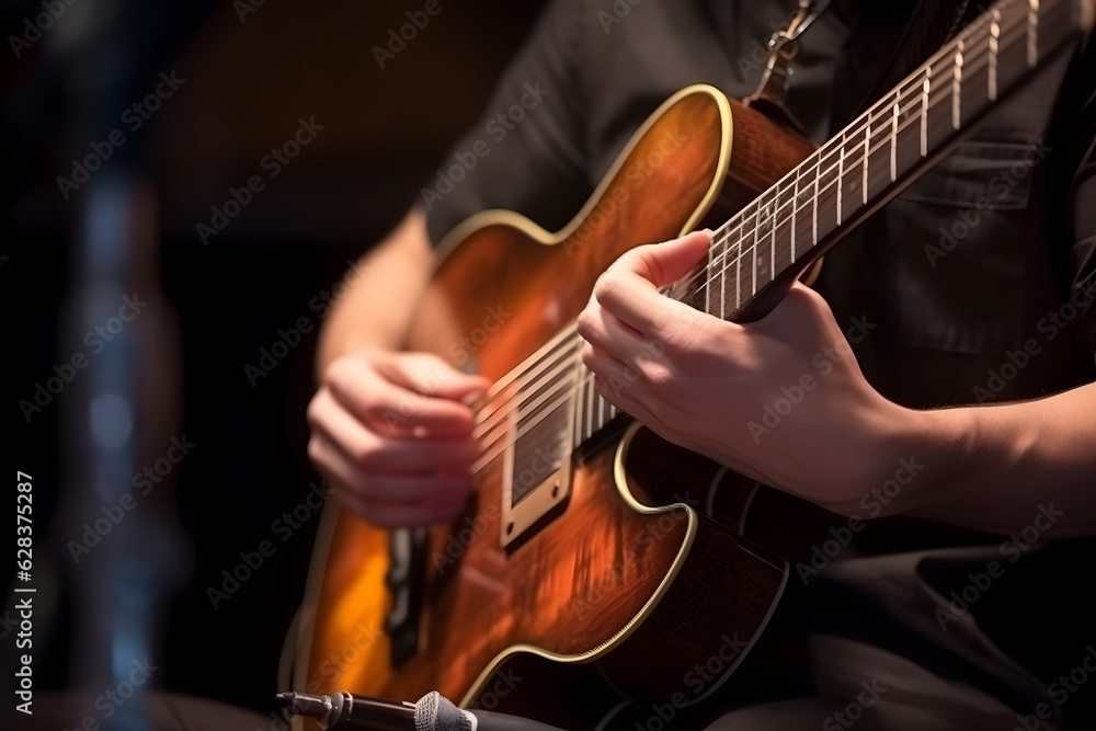 Fototapeta premium Motion blur image of a musician passionately playing a guitar, capturing the movement of their hands and the intensity of the performance. Generative AI