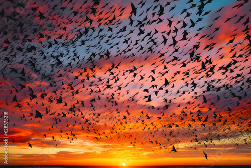 Flocks of birds creating mesmerizing patterns in the sky, their choreography painting a live art against the canvas of the sunset, hyper detail. Generative AI.