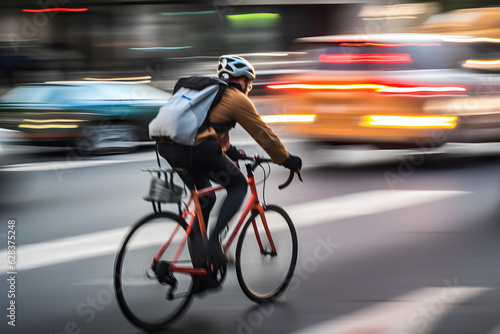 Motion blur image of a city cyclist speeding through traffic, creating a sense of urban energy and transportation. Generative AI © Mihai Zaharia