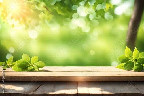 Beautiful Spring Background with Green lush young foliage and an empty wooden table outdoors. Natural template with bokeh beauty and sunshine, Generative Ai Art