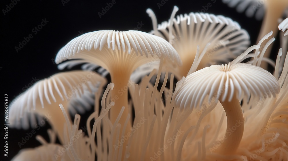 Obraz premium a group of white mushrooms are growing on a black background. generative ai