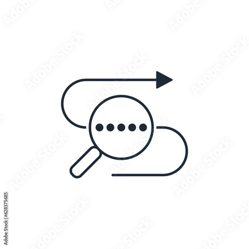 Location indicator line and tracking magnifying glass. Track the route of the movement.Import, export, smuggling.Vector linear icon isolated on white background.