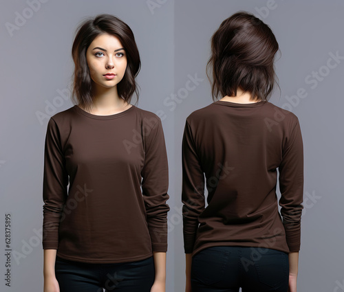 Woman wearing a brown T-shirt with long sleeves. Front and back view