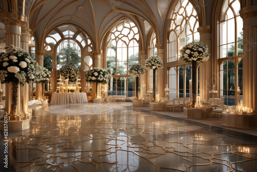 Modern and stylish interior design of a wedding ballroom with a touch of luxury and prestige. Created with generative AI technology.