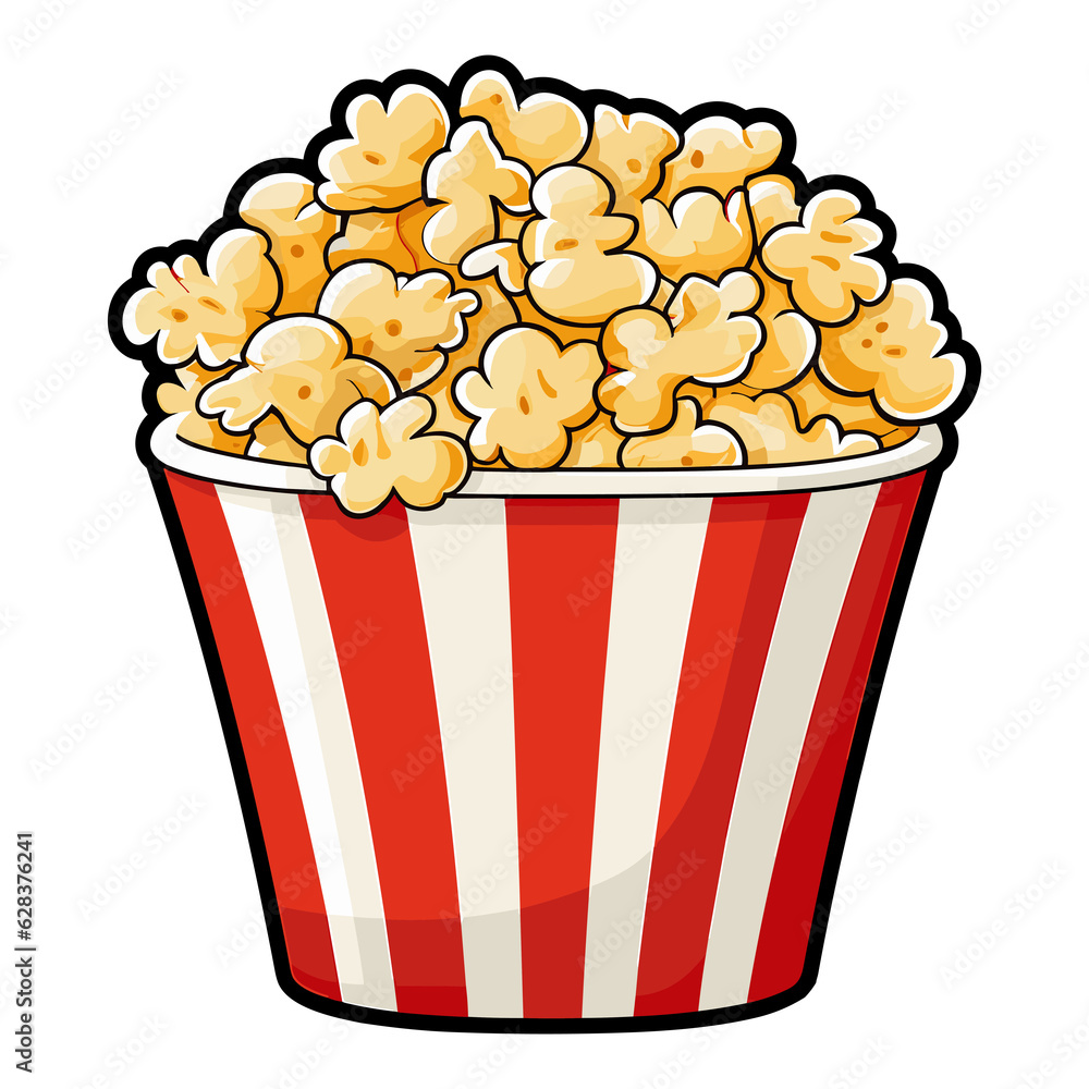 popcorn bucket. Cinema snack, Popcorn in a red striped bucket sticker illustration