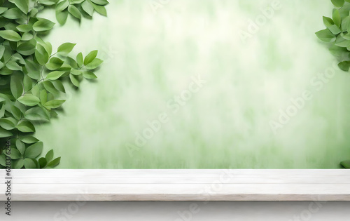 Empty old white wooden table or counter with green leaves background. For display or montage of your products, Generative Ai