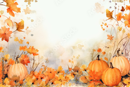 Watercolor autumn background with mushrooms  leaves and pumpkins. Illustration. ai generated 