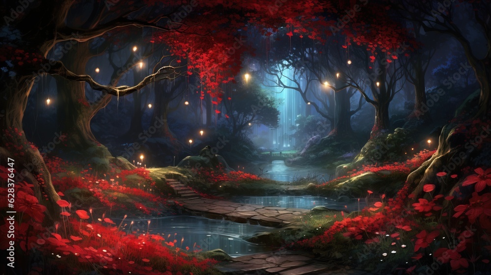 Naklejka premium a painting of a path leading to a forest with lights. generative ai