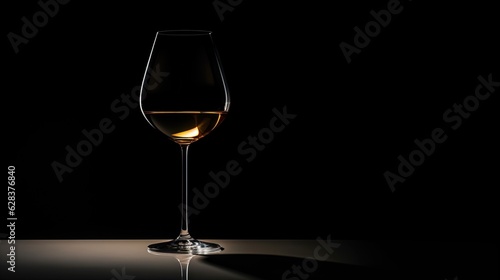  a glass of wine sitting on top of a table next to a black wall. generative ai